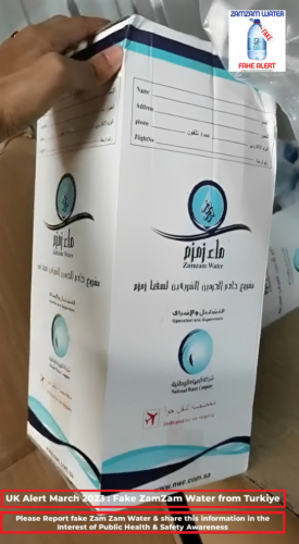 7-fake-zamzam-water-turkiye-uk-alert-report-white-printed-boxes-brown-box-shiny-plastic-sealed-bag-counterfeit-bottle-differences-facebook-twitter-instagram